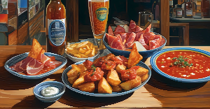 A lively tapas bar scene with a variety of Spanish dishes, including patatas bravas, gazpacho, and jamón ibérico, presented on a wooden table.
