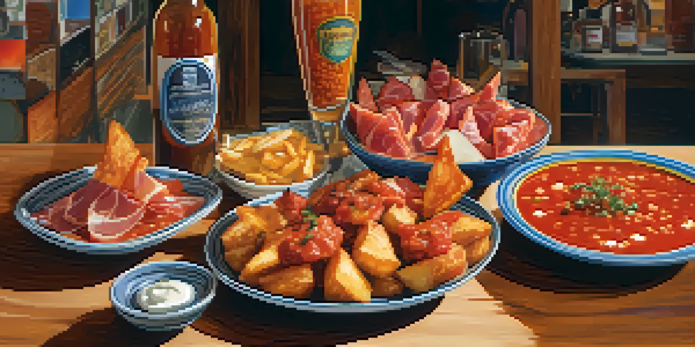 A lively tapas bar scene with a variety of Spanish dishes, including patatas bravas, gazpacho, and jamón ibérico, presented on a wooden table.