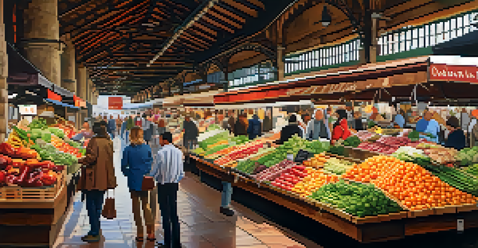 A bustling market scene at La Boqueria in Barcelona, showcasing colorful produce and local foods, with people enjoying the vibrant atmosphere.