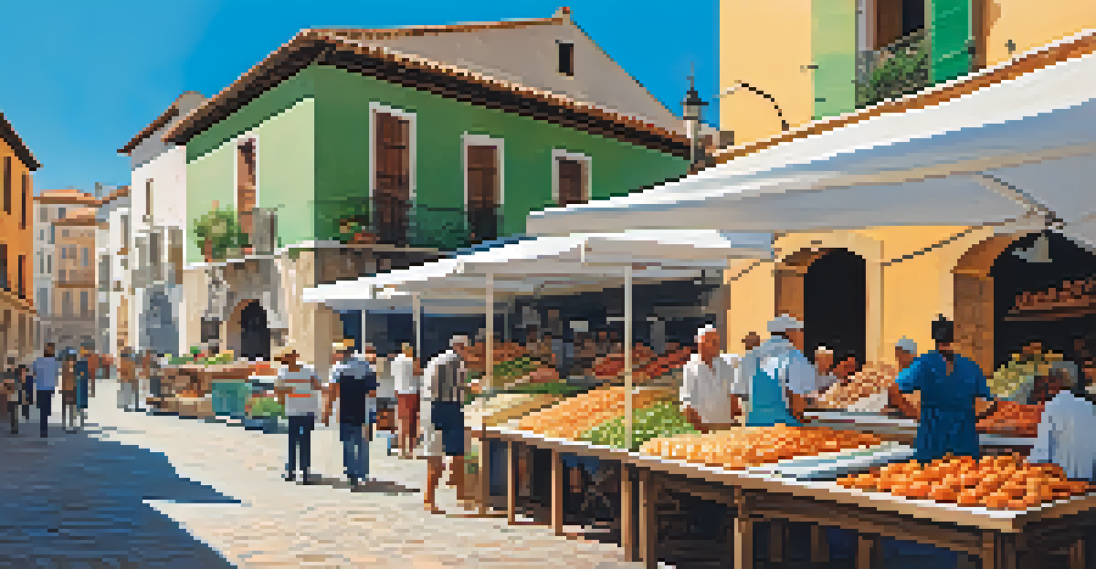 A bustling food market in Spain showcasing fresh produce, cheeses, and meats, with vendors and customers enjoying the vibrant atmosphere.