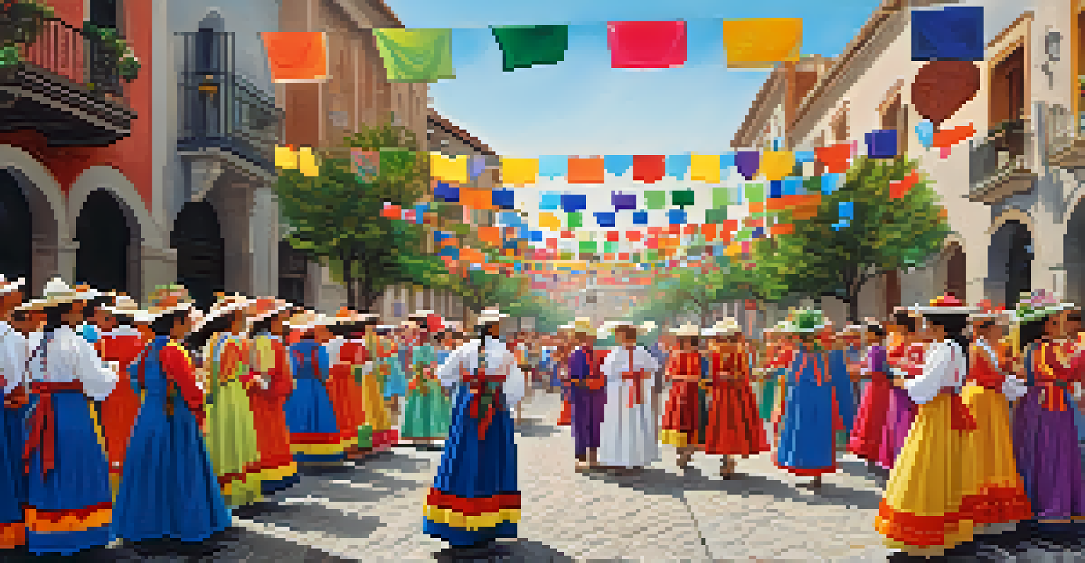 Locals in traditional attire celebrating the Fiesta del Corpus Christi in Toledo, with colorful processions and floral decorations.