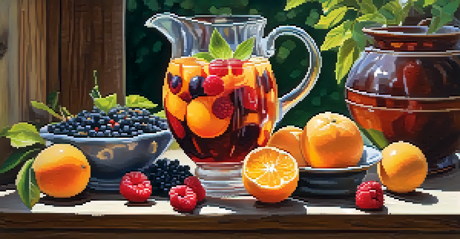 A pitcher of colorful sangria with fresh fruits on a rustic table, surrounded by a tranquil outdoor setting filled with flowers and sunlight.