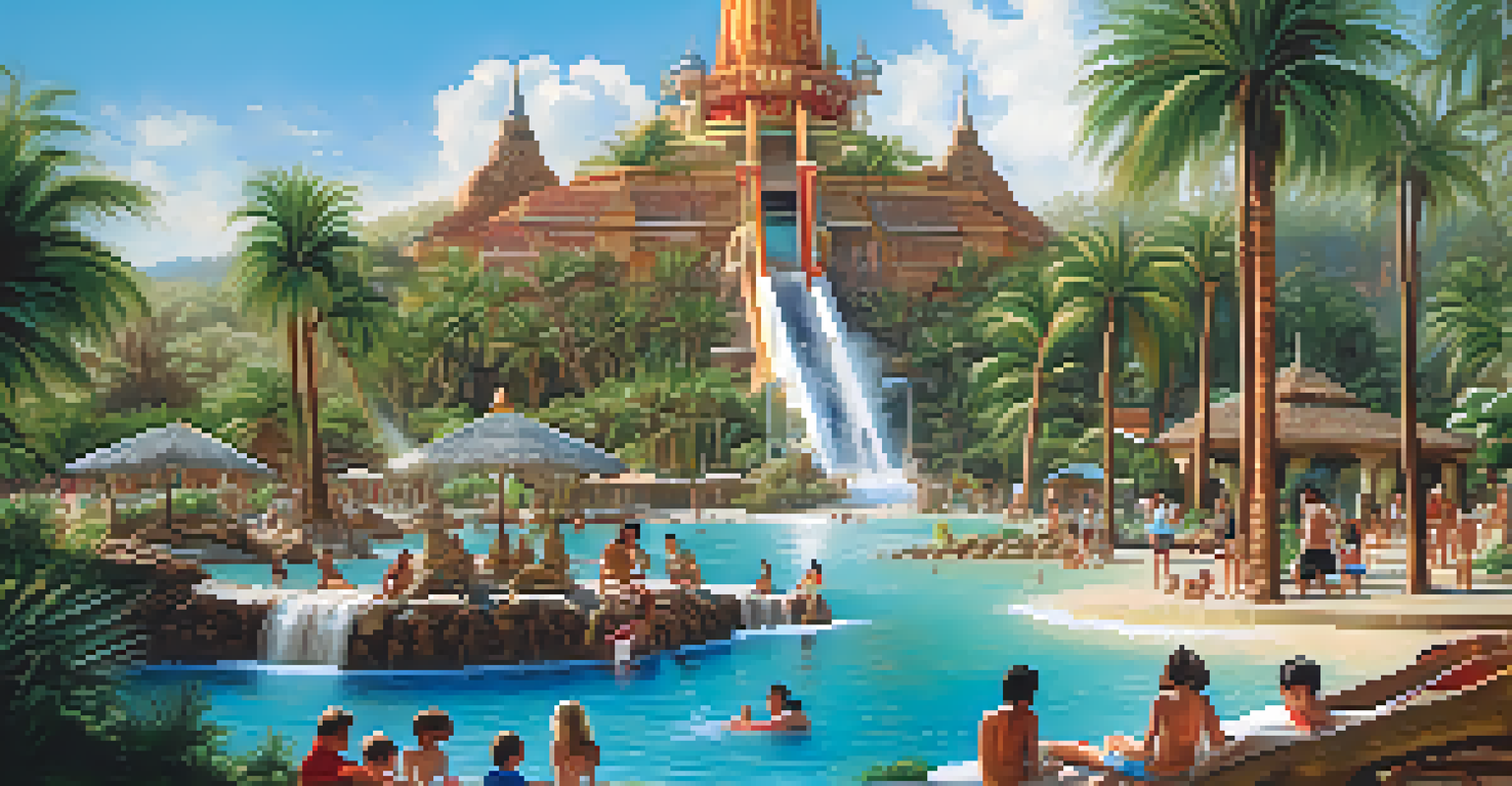A tropical paradise at Siam Park, showcasing its Thai architecture and families enjoying the beach and water slides.