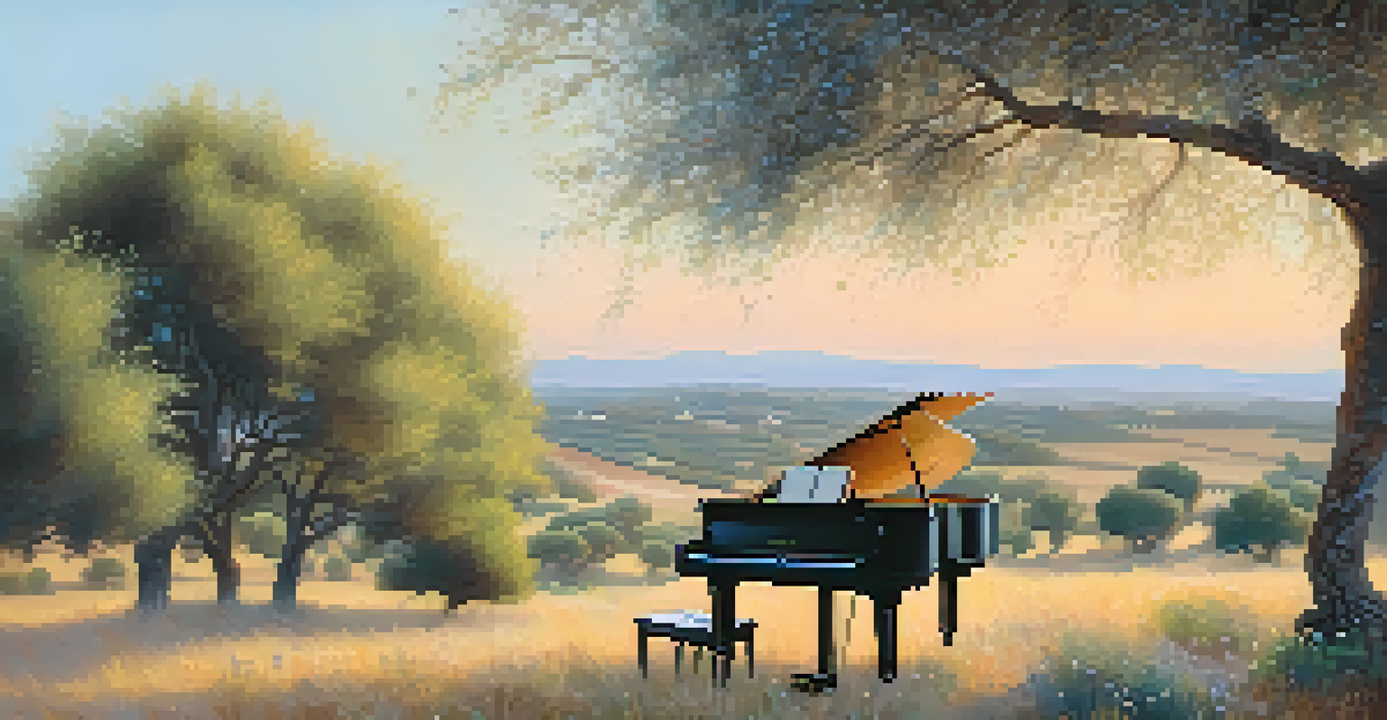 A peaceful Catalan countryside with olive trees, wildflowers, and a vintage piano under a tree at dawn.