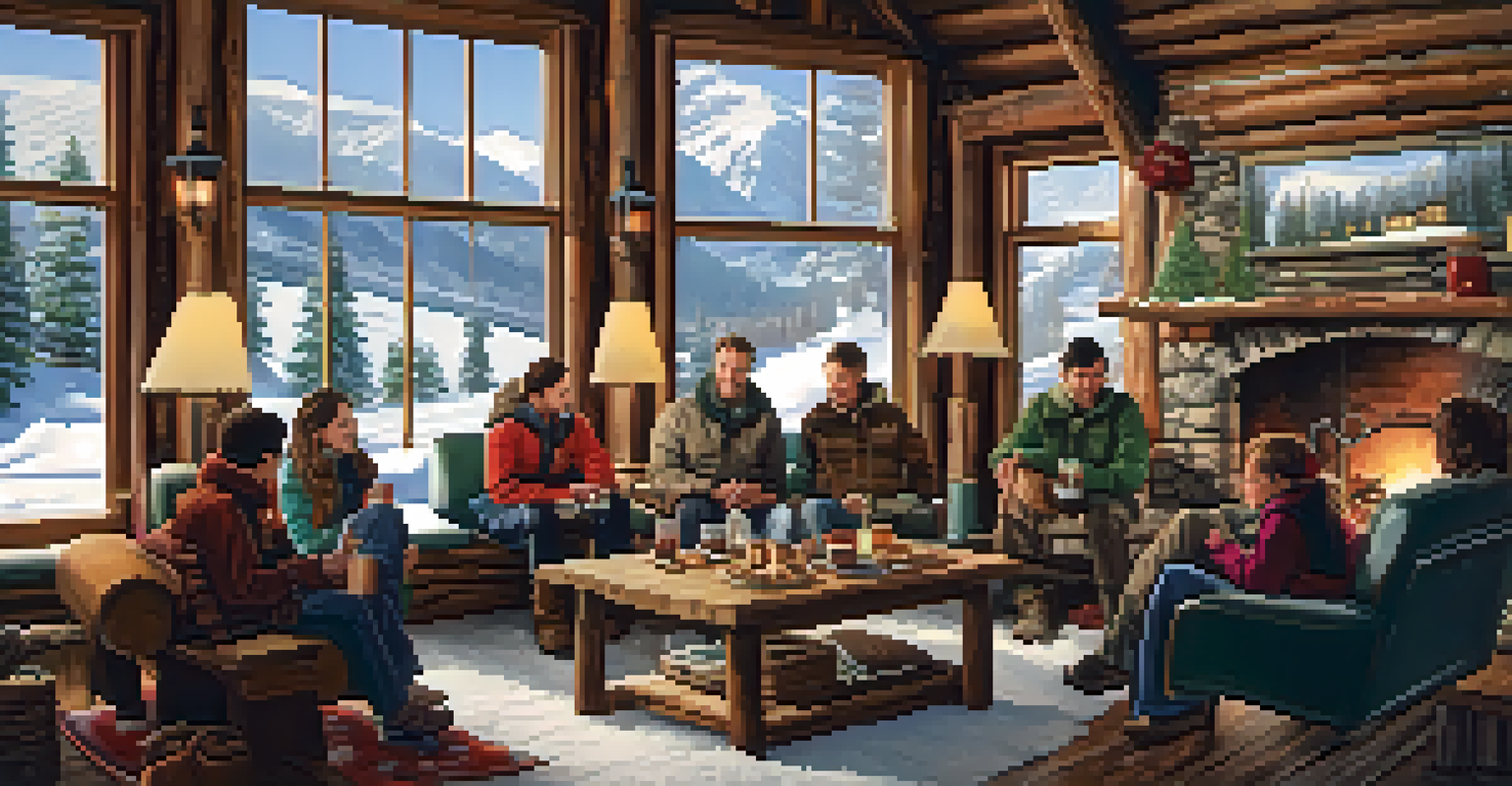 A warm and inviting mountain lodge with people enjoying hot chocolate by the fireplace, surrounded by snowy landscapes.