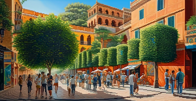 A lively street in Seville with a colorful mural and people walking by, surrounded by greenery and illuminated by morning sunlight.