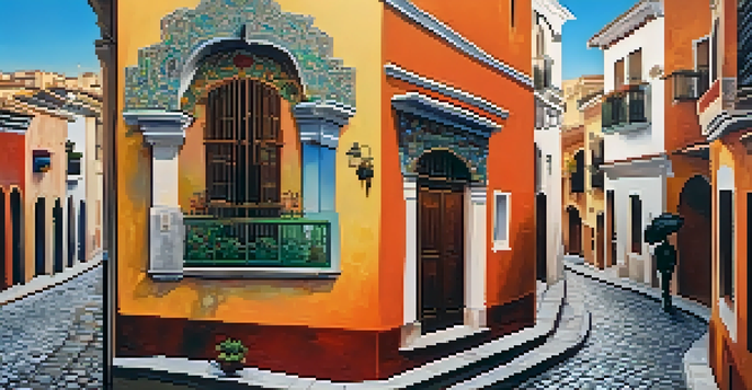 A lively street in Granada's Realejo district featuring a colorful mural, narrow cobblestone streets, and warm sunlight.