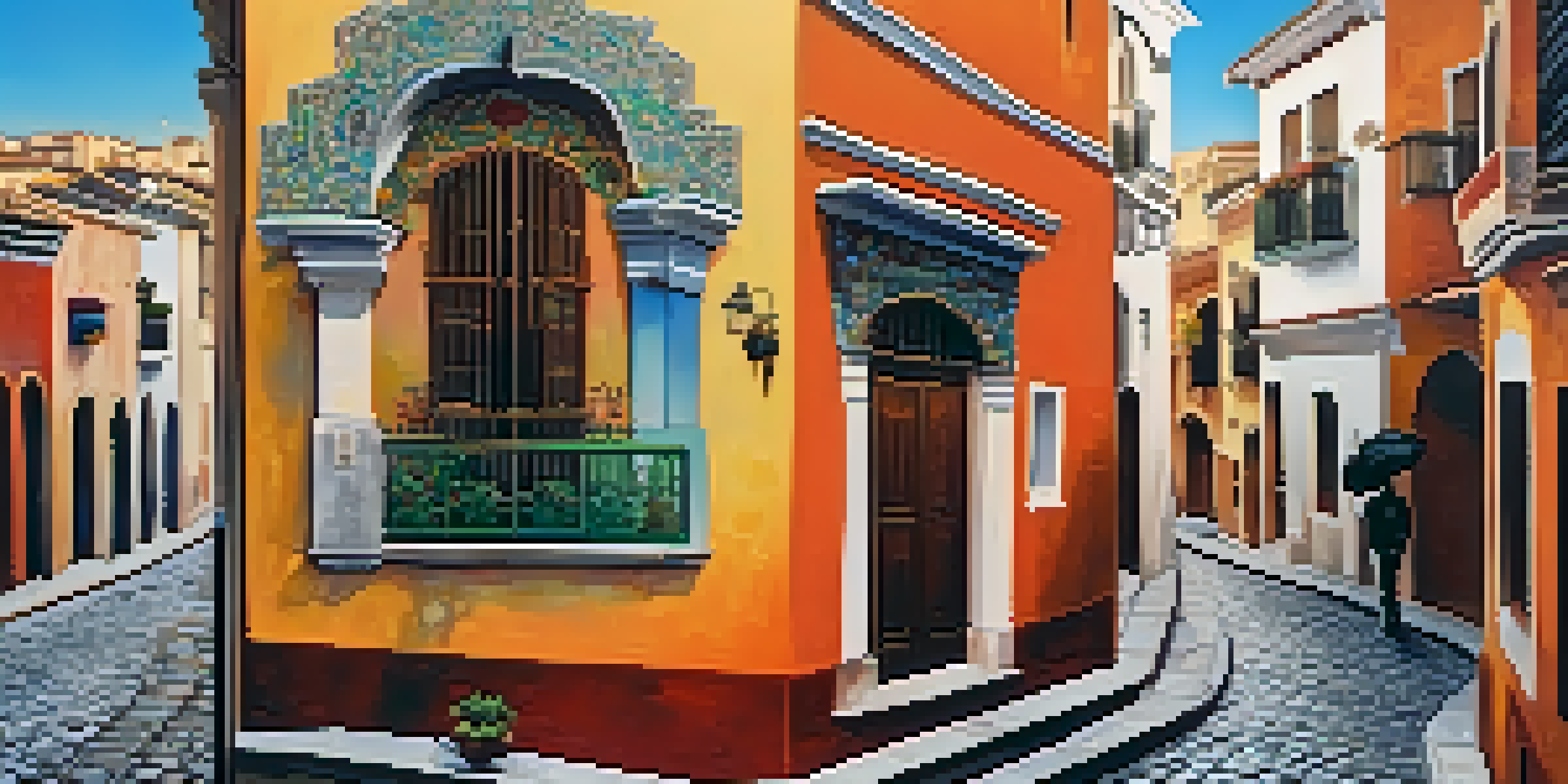 A lively street in Granada's Realejo district featuring a colorful mural, narrow cobblestone streets, and warm sunlight.