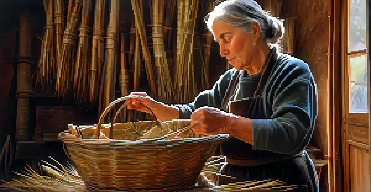 An elderly woman artisan weaving a basket in a workshop, surrounded by natural materials like willow and reeds.