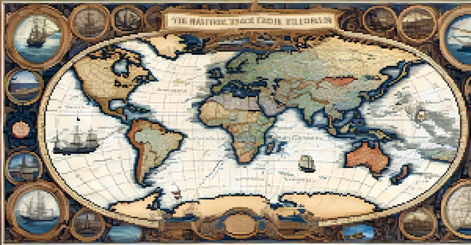 An antique map showing maritime trade routes with Spain at the center.