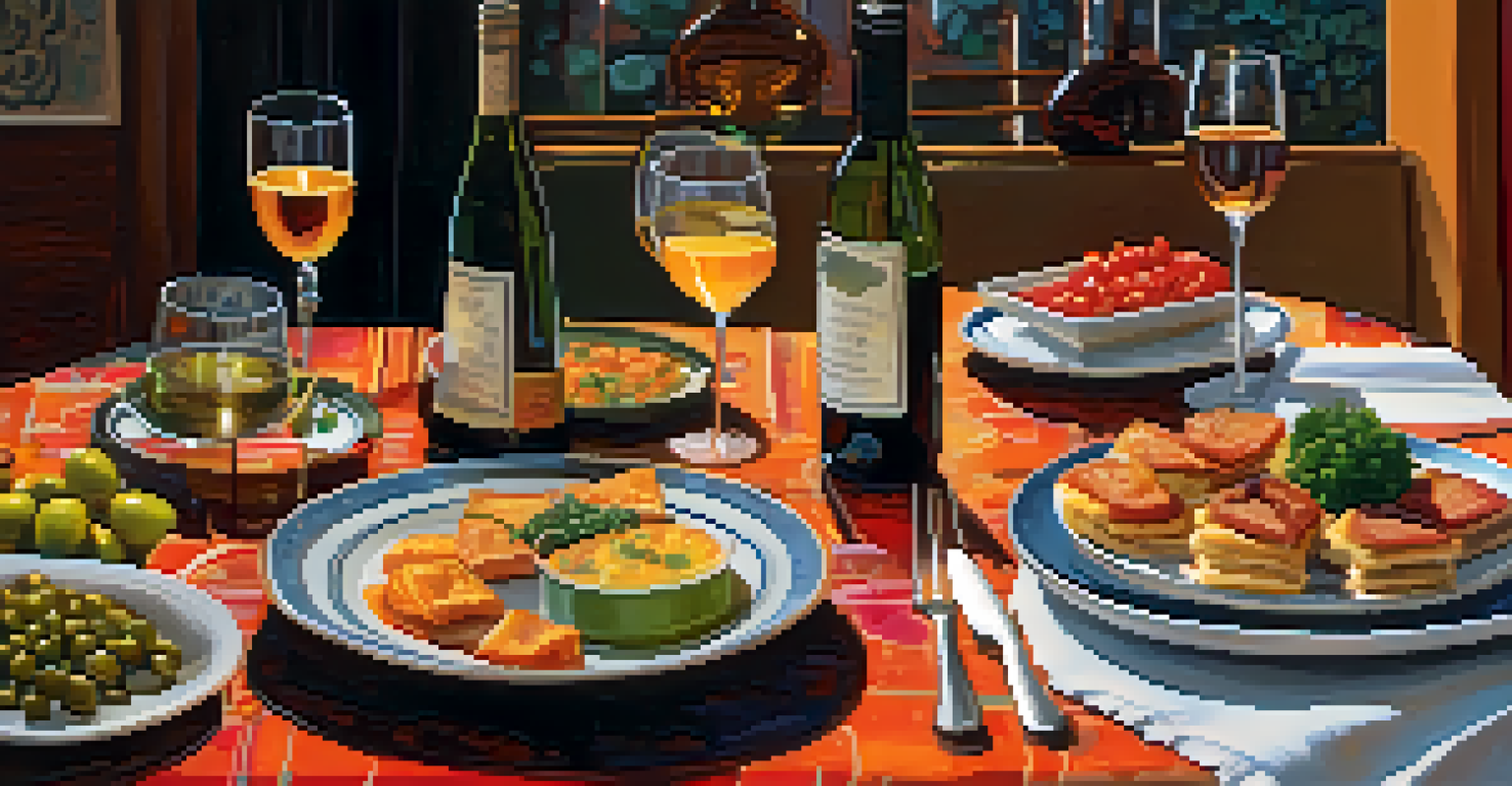 A cozy dining table set for a tapas night at home, with colorful plates of food, a bottle of wine, and soft candlelight creating a warm atmosphere.