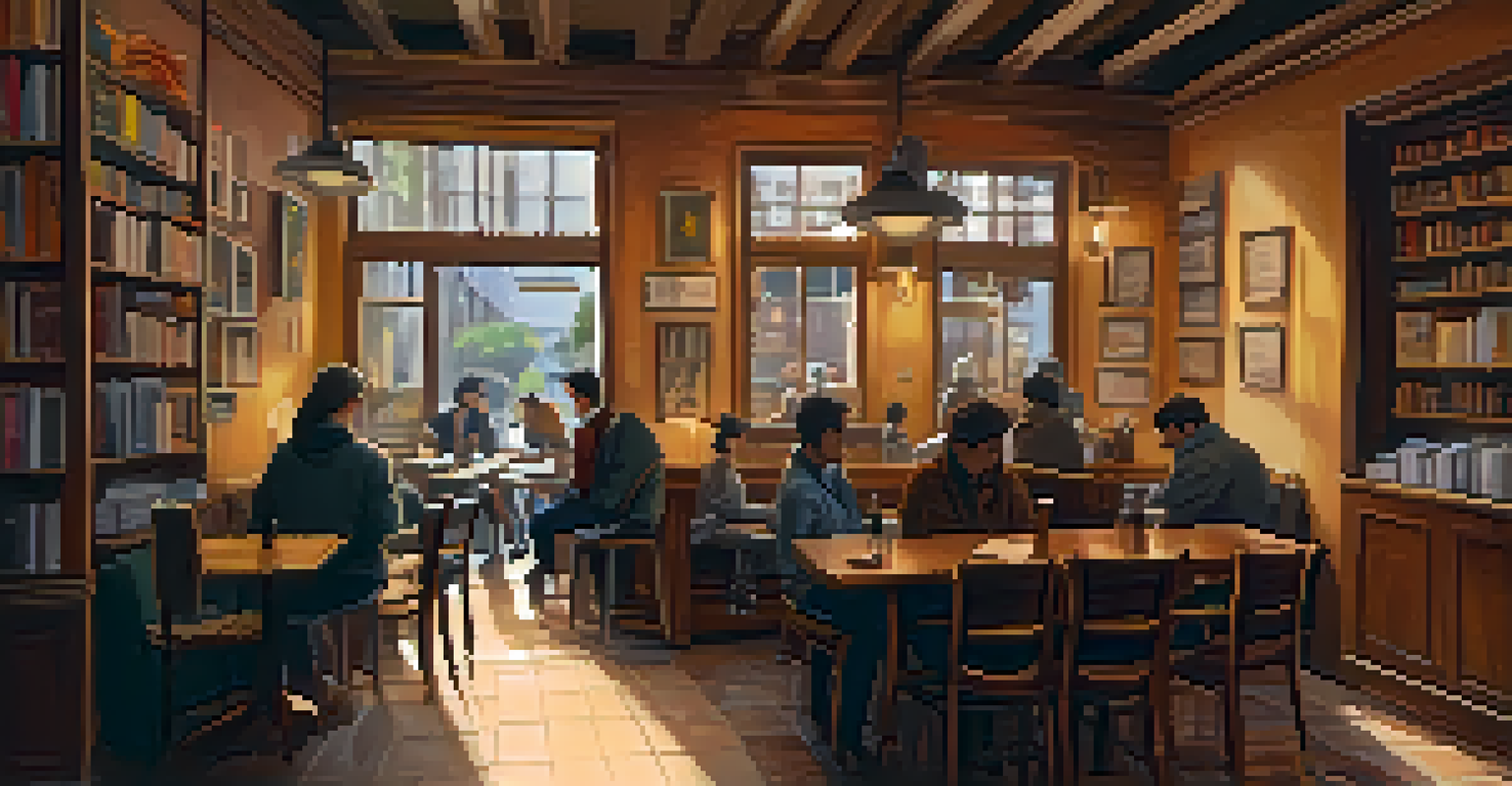 A cozy café interior in Santiago with wooden tables, open books, and a barista preparing coffee.