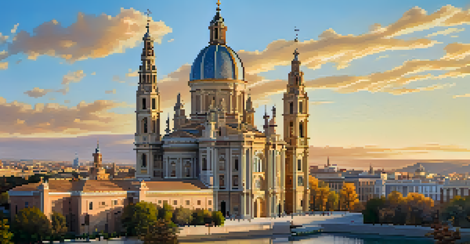 A panoramic view of the Basilica of Our Lady of the Pillar in Zaragoza, highlighting its baroque architecture with detailed facade and golden hour sunlight.