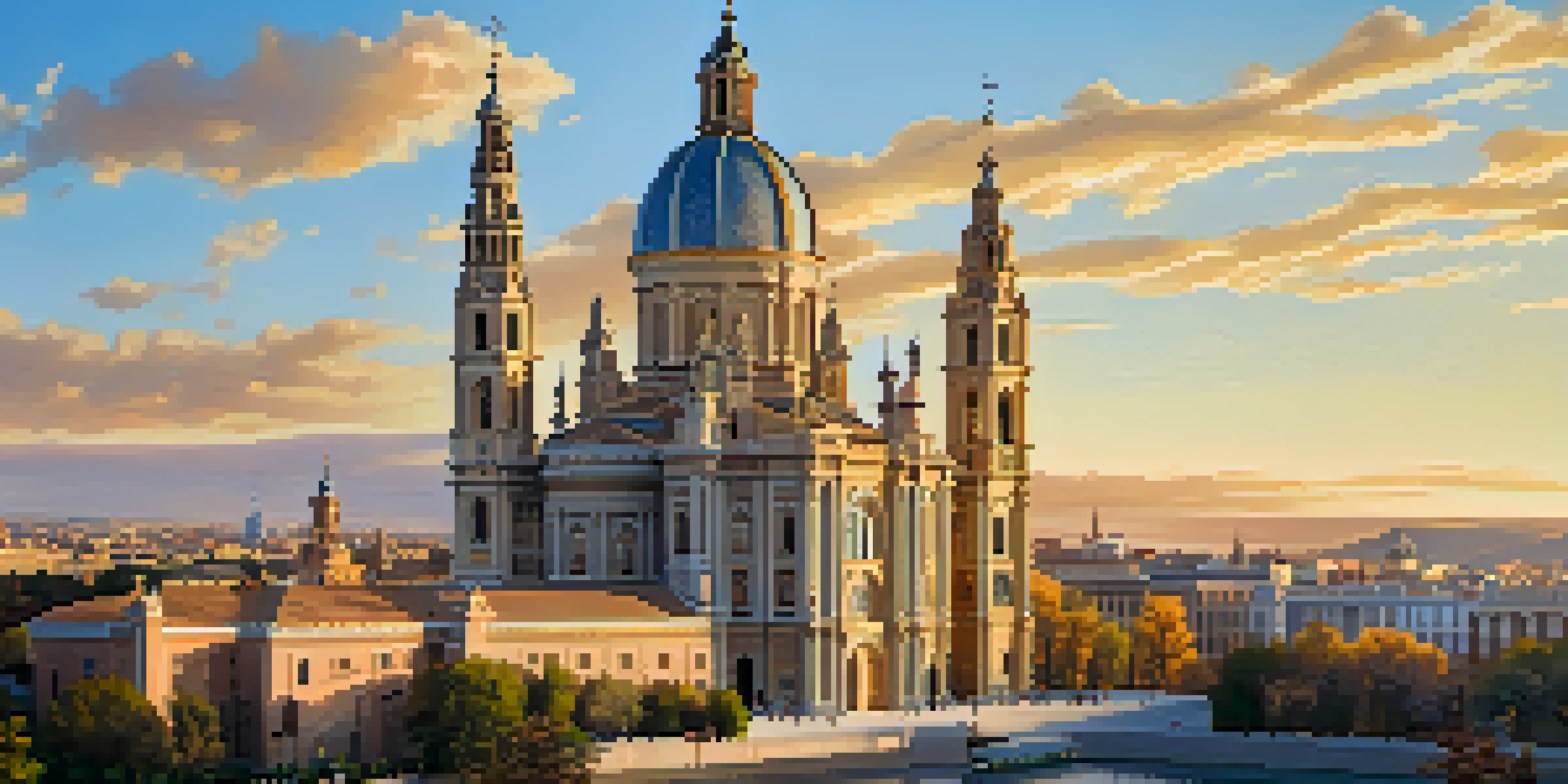 A panoramic view of the Basilica of Our Lady of the Pillar in Zaragoza, highlighting its baroque architecture with detailed facade and golden hour sunlight.