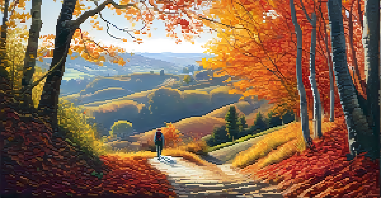 A picturesque autumn scene along the Camino de Santiago, featuring colorful foliage and a hiker on a winding path.