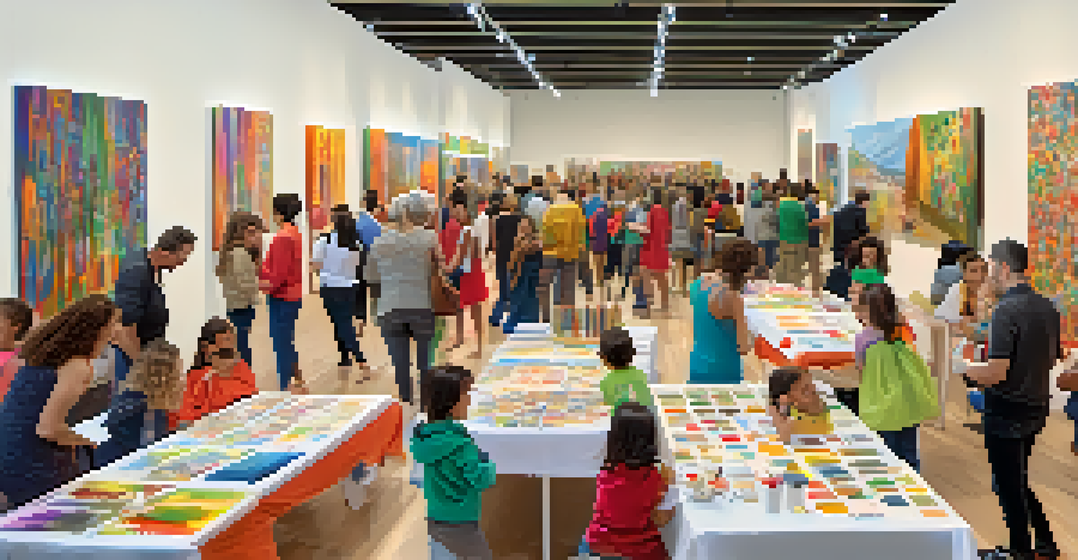 A vibrant community art event in a Spanish gallery, with families creating art together amidst colorful artworks displayed on the walls.