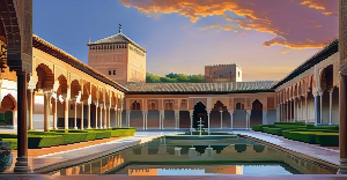 A breathtaking view of the Alhambra palace at sunset, highlighting its intricate architecture and beautiful gardens.