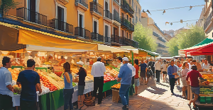 A lively local market in Madrid with colorful stalls filled with fresh produce and tapas, people interacting and enjoying the atmosphere under warm sunlight.