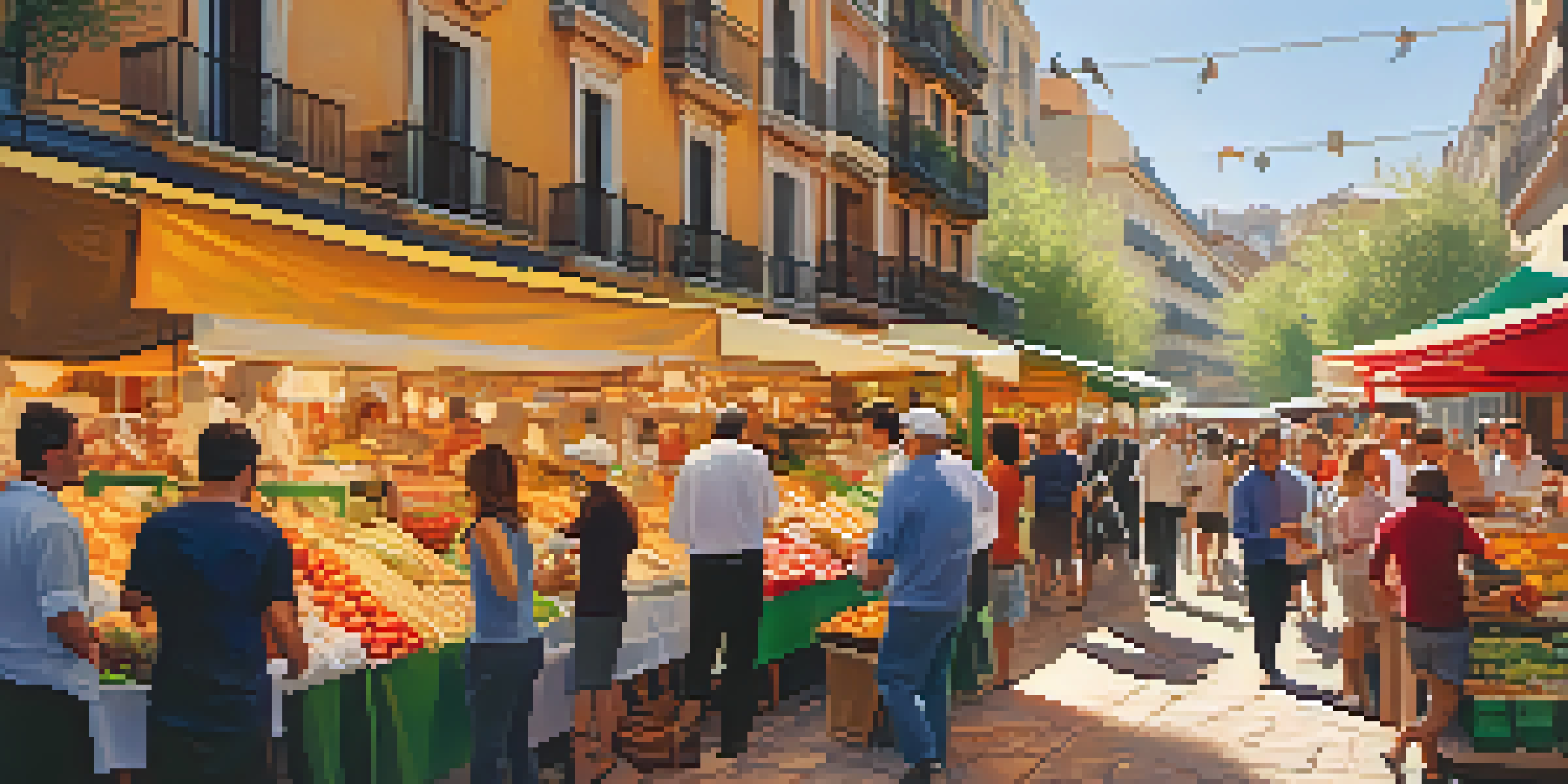 A lively local market in Madrid with colorful stalls filled with fresh produce and tapas, people interacting and enjoying the atmosphere under warm sunlight.