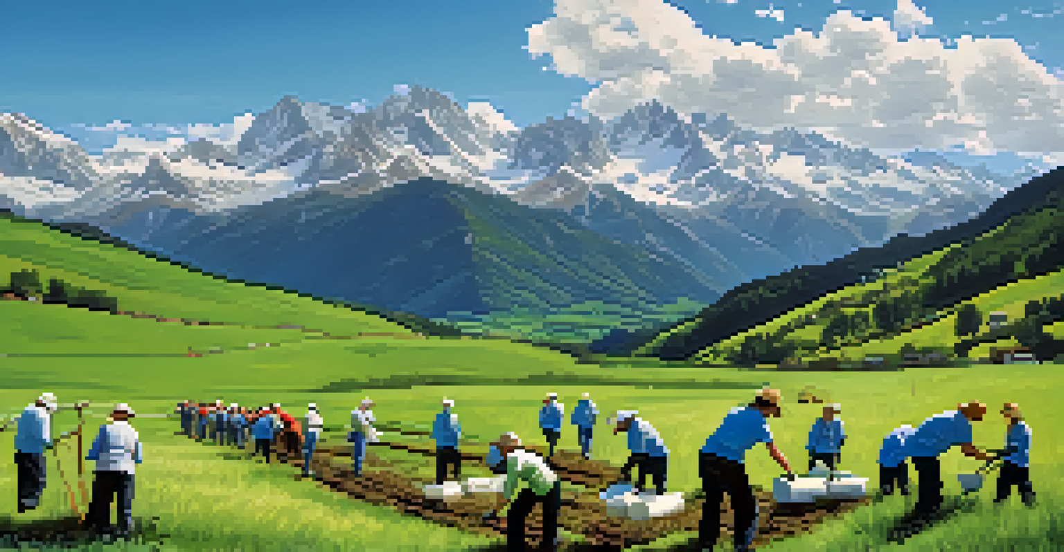 Volunteers planting trees in the Pyrenees mountains, with stunning mountain scenery in the background.
