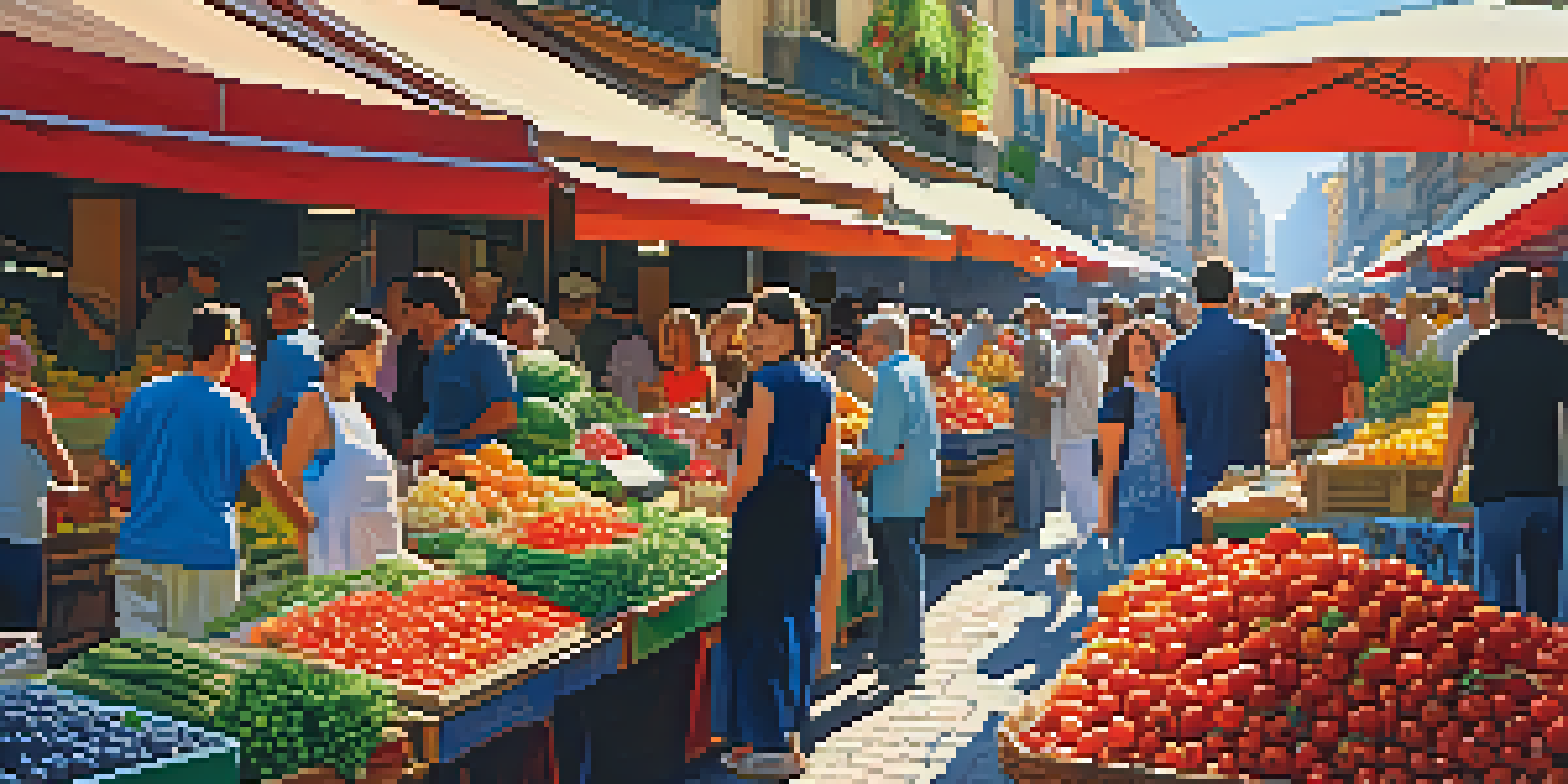 A lively market in Barcelona showcasing fresh fruits and vegetables under bright sunlight.