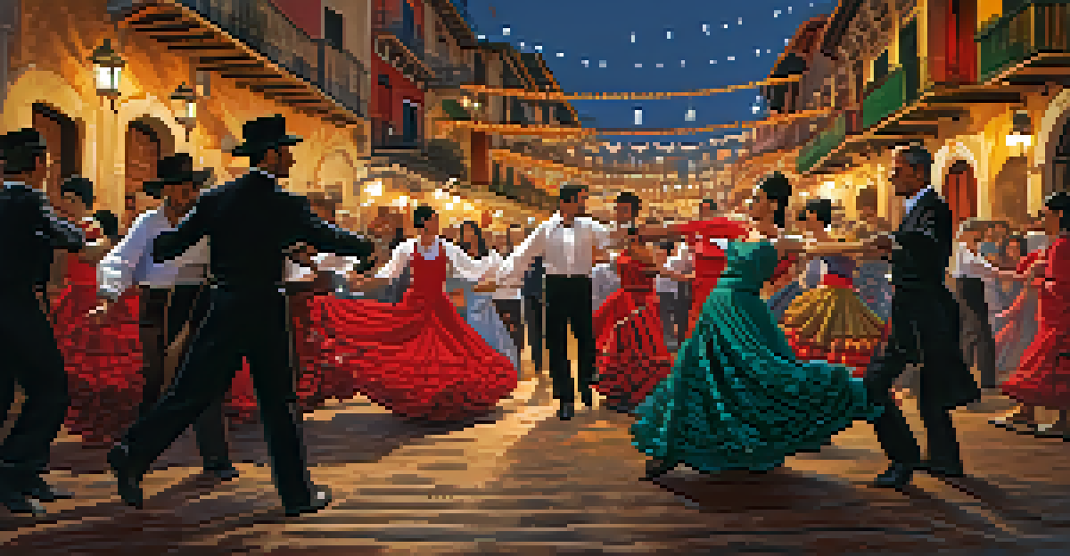 A lively Spanish festival with dancers in traditional costumes, historic buildings, and colorful decorations creating a festive atmosphere.