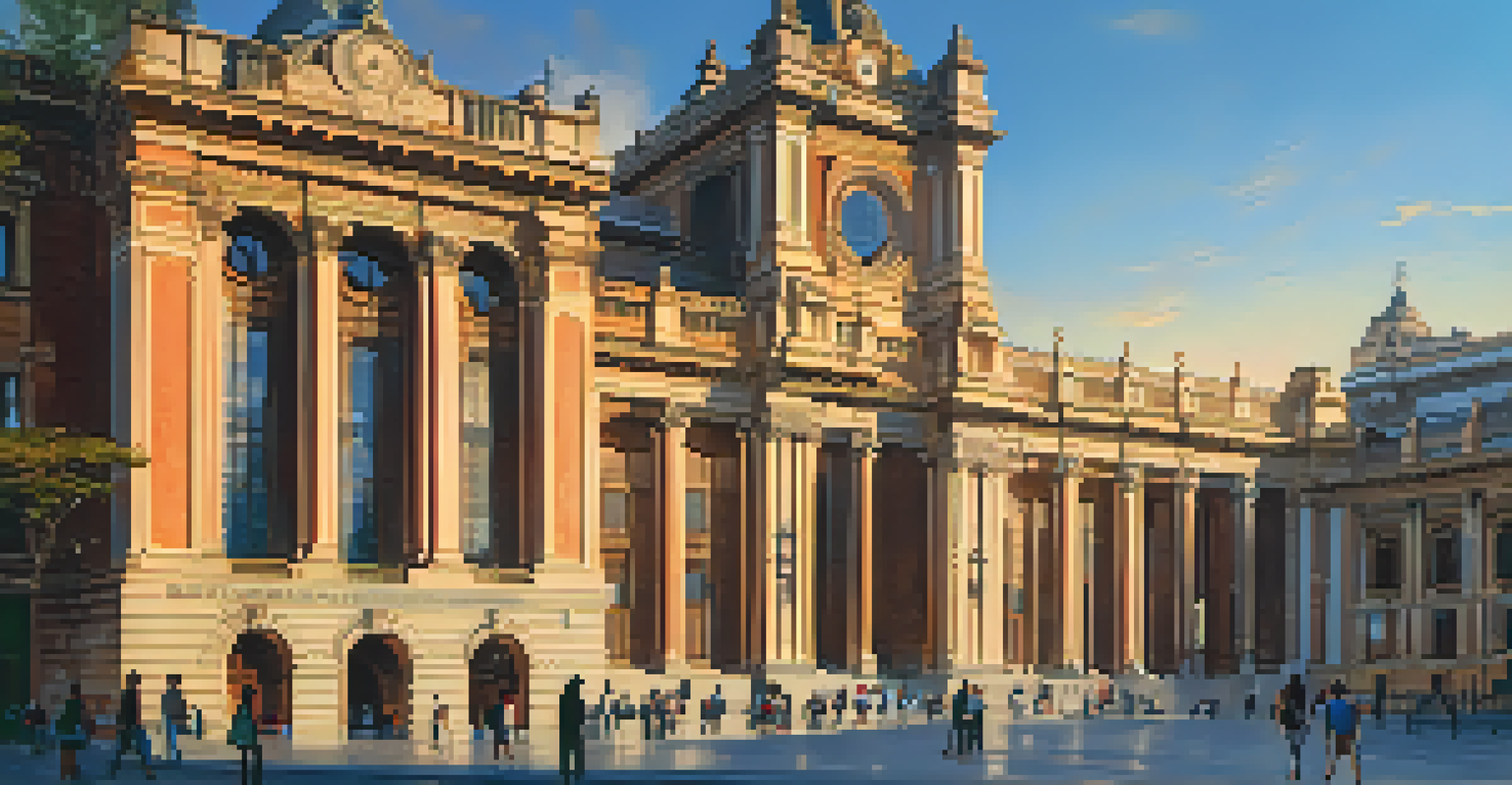 The grand façade of the Biblioteca Nacional de España at sunset, with visitors in front and a colorful sky in the background.