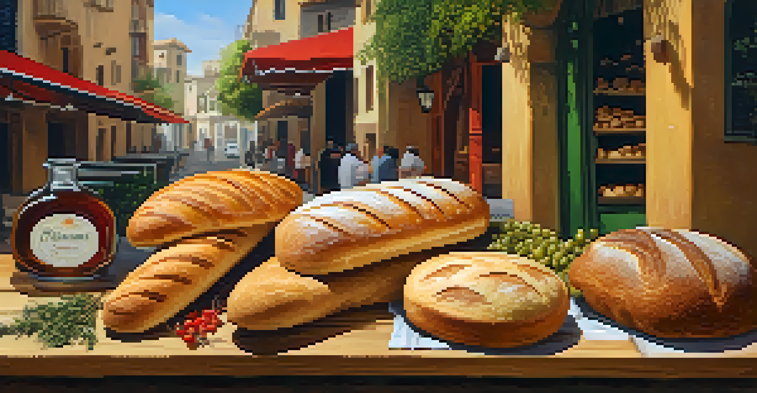 A wooden board with various traditional Spanish breads and olive oil, set against a lively market backdrop.