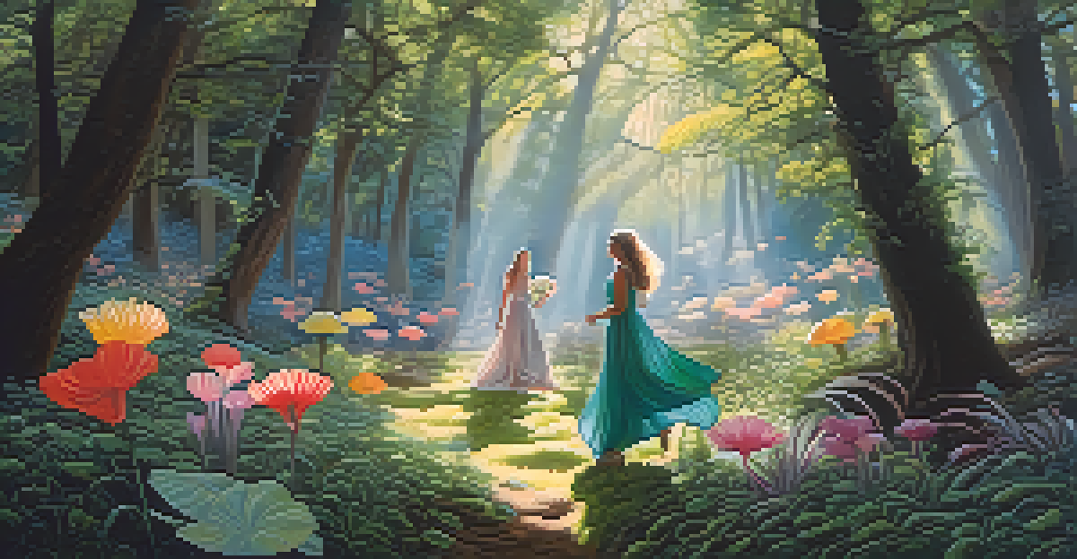 A mystical forest with enchanting women, oversized flowers, and glowing orbs, illuminated by soft light.