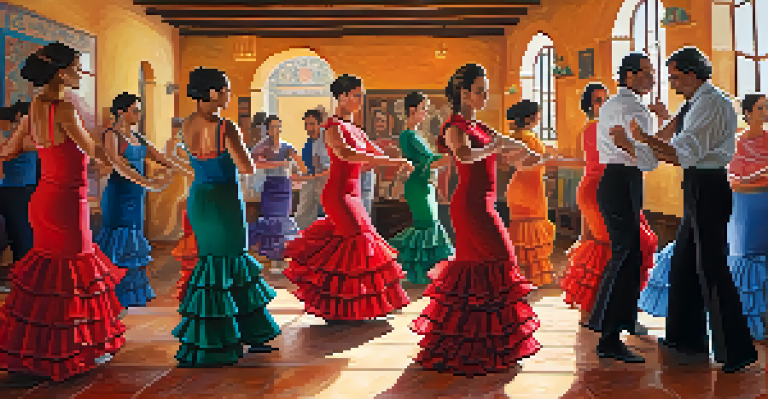 A flamenco dancing class in Andalusia with participants learning the dance, surrounded by colorful decor and warm lighting.