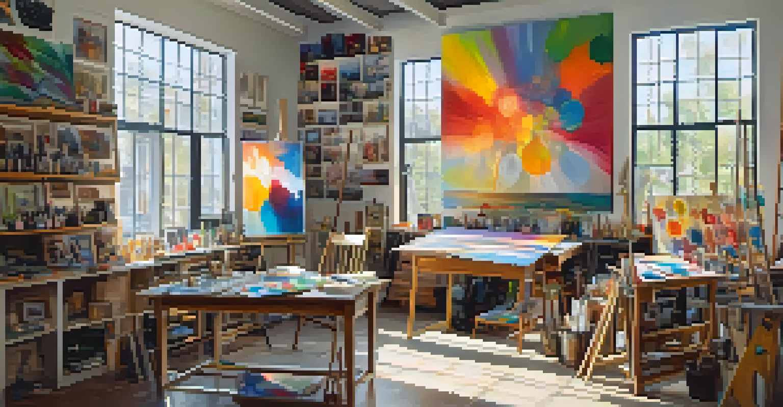 An artist's studio with colorful canvases and paint palettes, bathed in natural light, showcasing the creative process.