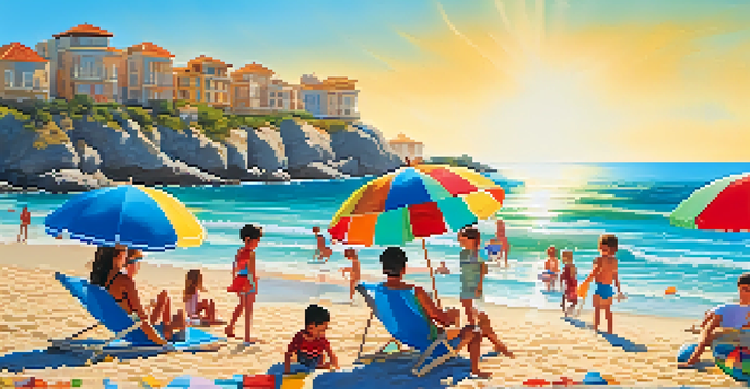 A family enjoys a sunny day at the beach in Spain, building sandcastles and relaxing under colorful umbrellas.