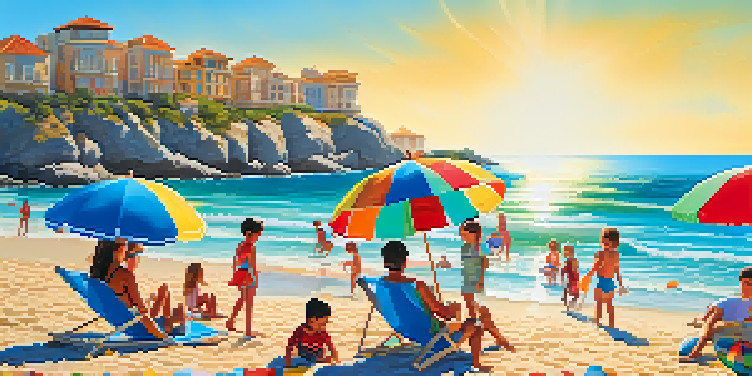 A family enjoys a sunny day at the beach in Spain, building sandcastles and relaxing under colorful umbrellas.