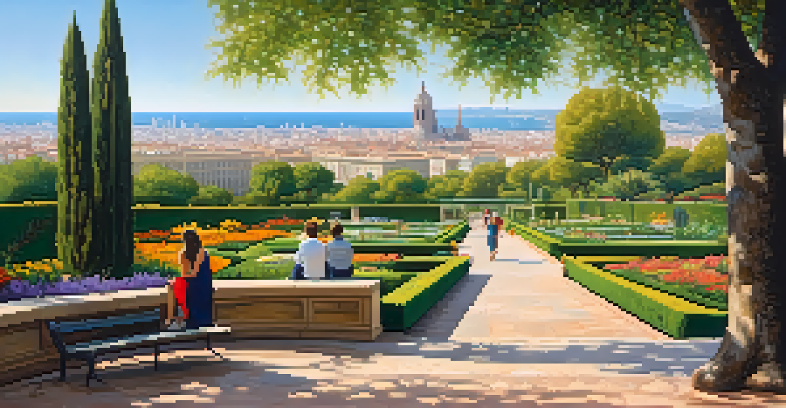 A beautiful garden with colorful flowers and stone paths, overlooking the city of Barcelona.
