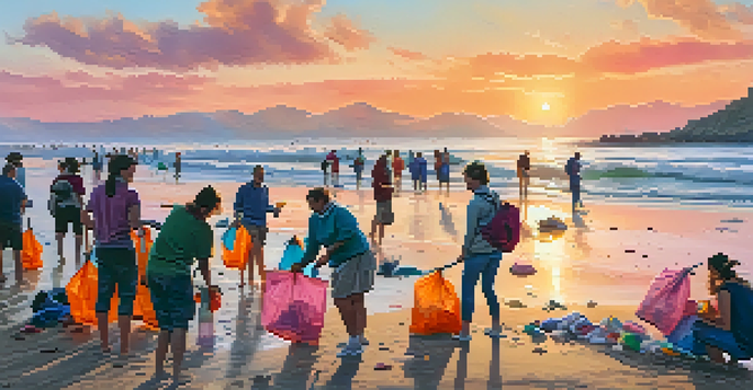 Volunteers cleaning a beach in Spain during sunset, with colorful umbrellas in the background and ocean waves.