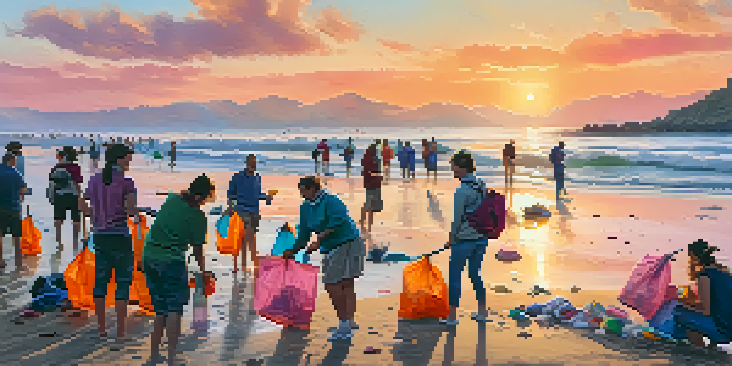 Volunteers cleaning a beach in Spain during sunset, with colorful umbrellas in the background and ocean waves.