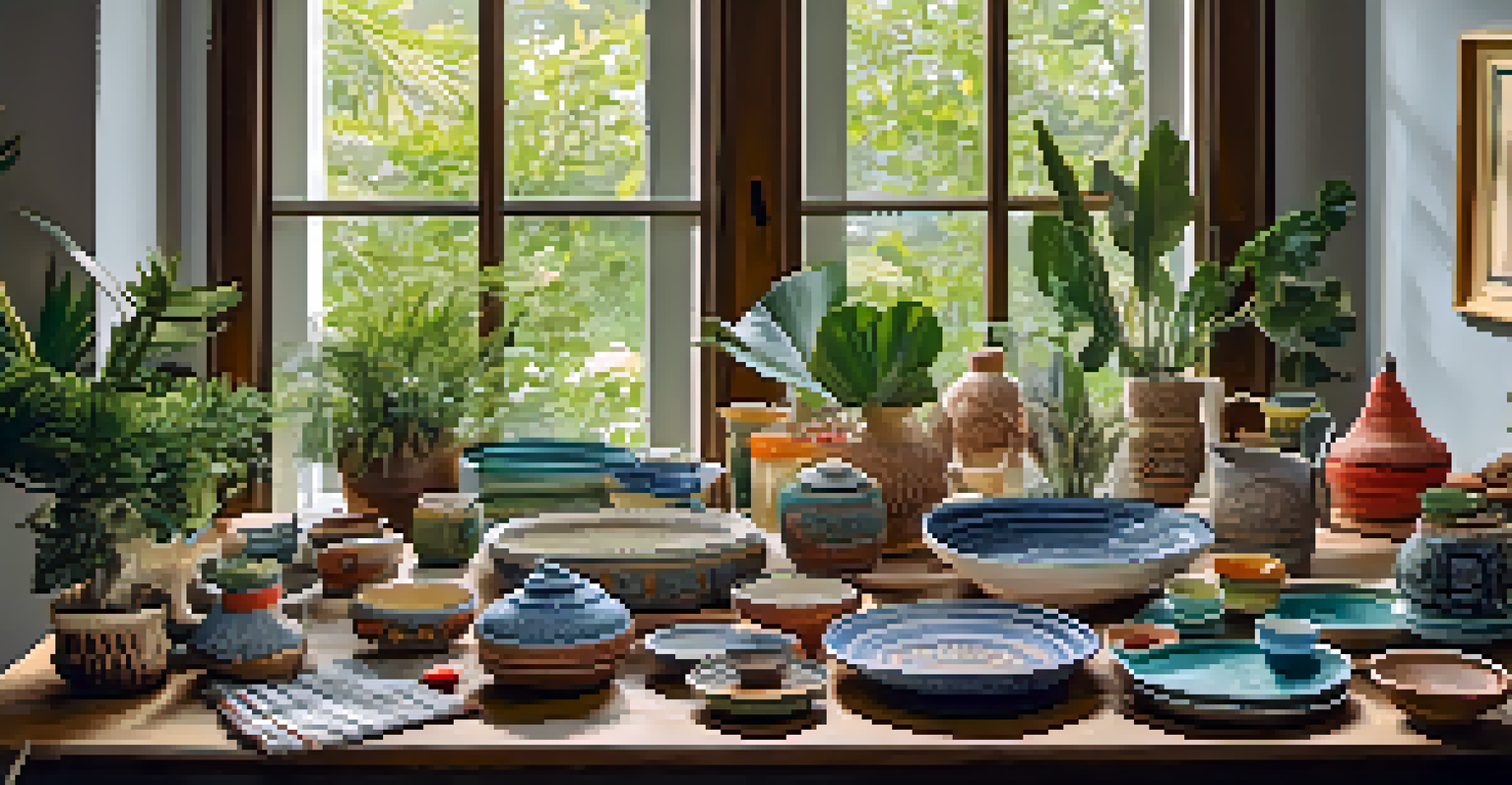 A table displaying various handmade crafts from a workshop, including pottery, textiles, and paintings, surrounded by plants.