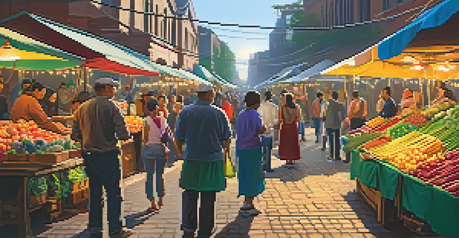 A lively street market filled with colorful stalls and people interacting.