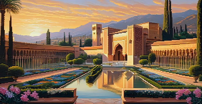 A sunset view of the Alhambra palace with intricate architecture and lush gardens.