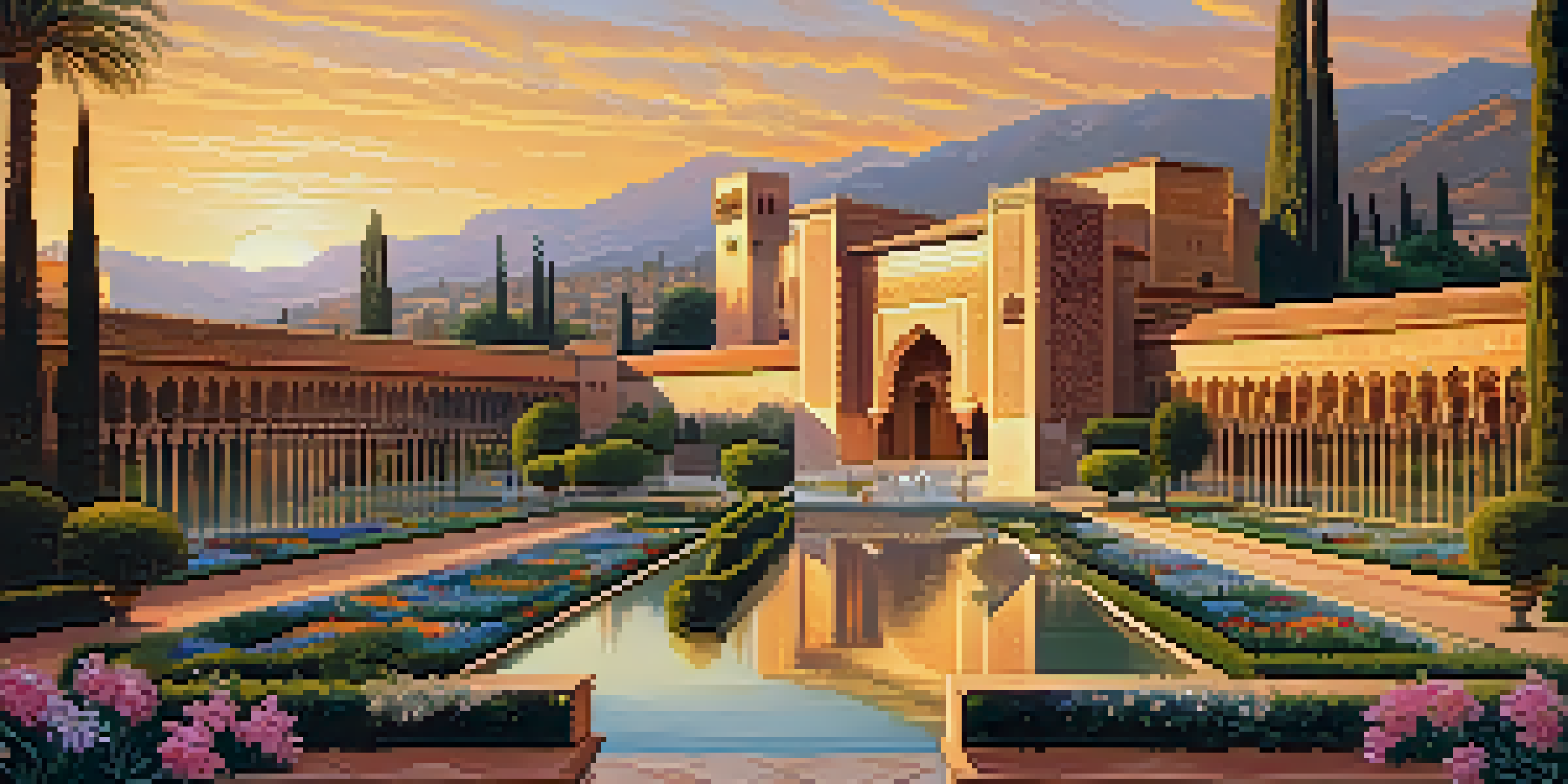 A sunset view of the Alhambra palace with intricate architecture and lush gardens.