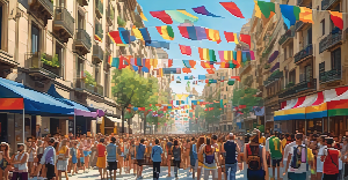 A lively scene from Barcelona's Pride with colorful floats, crowds celebrating, and rainbow flags against a backdrop of modern buildings.