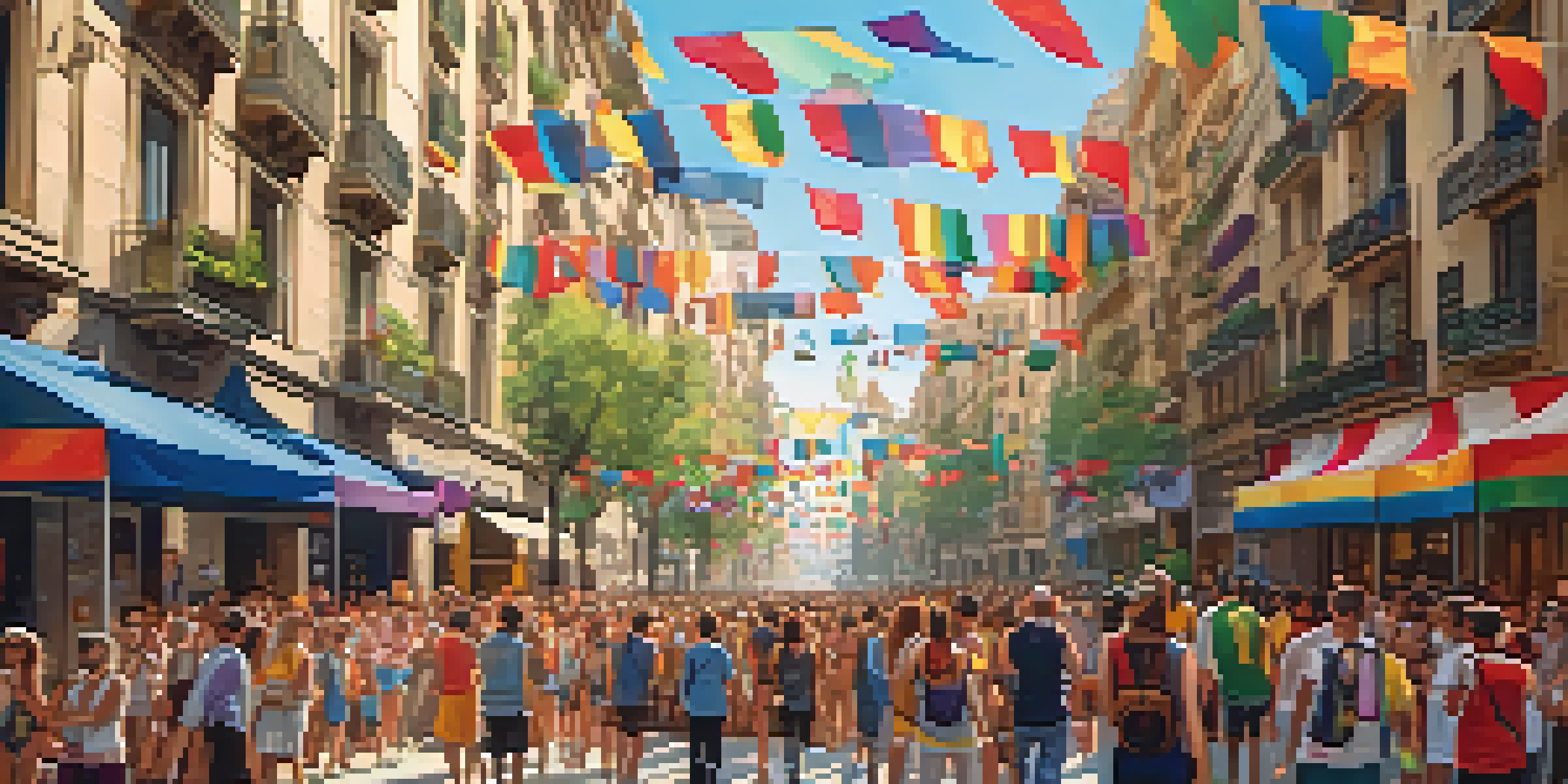A lively scene from Barcelona's Pride with colorful floats, crowds celebrating, and rainbow flags against a backdrop of modern buildings.