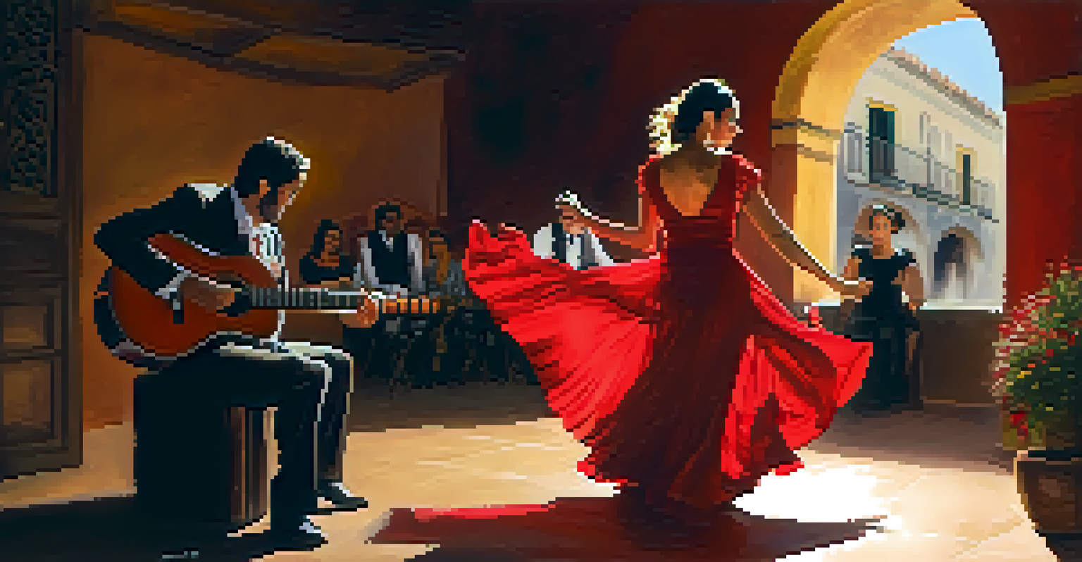 A flamenco dancer in a red dress performing in a cozy venue, with a guitarist and singer, illuminated by warm lighting.