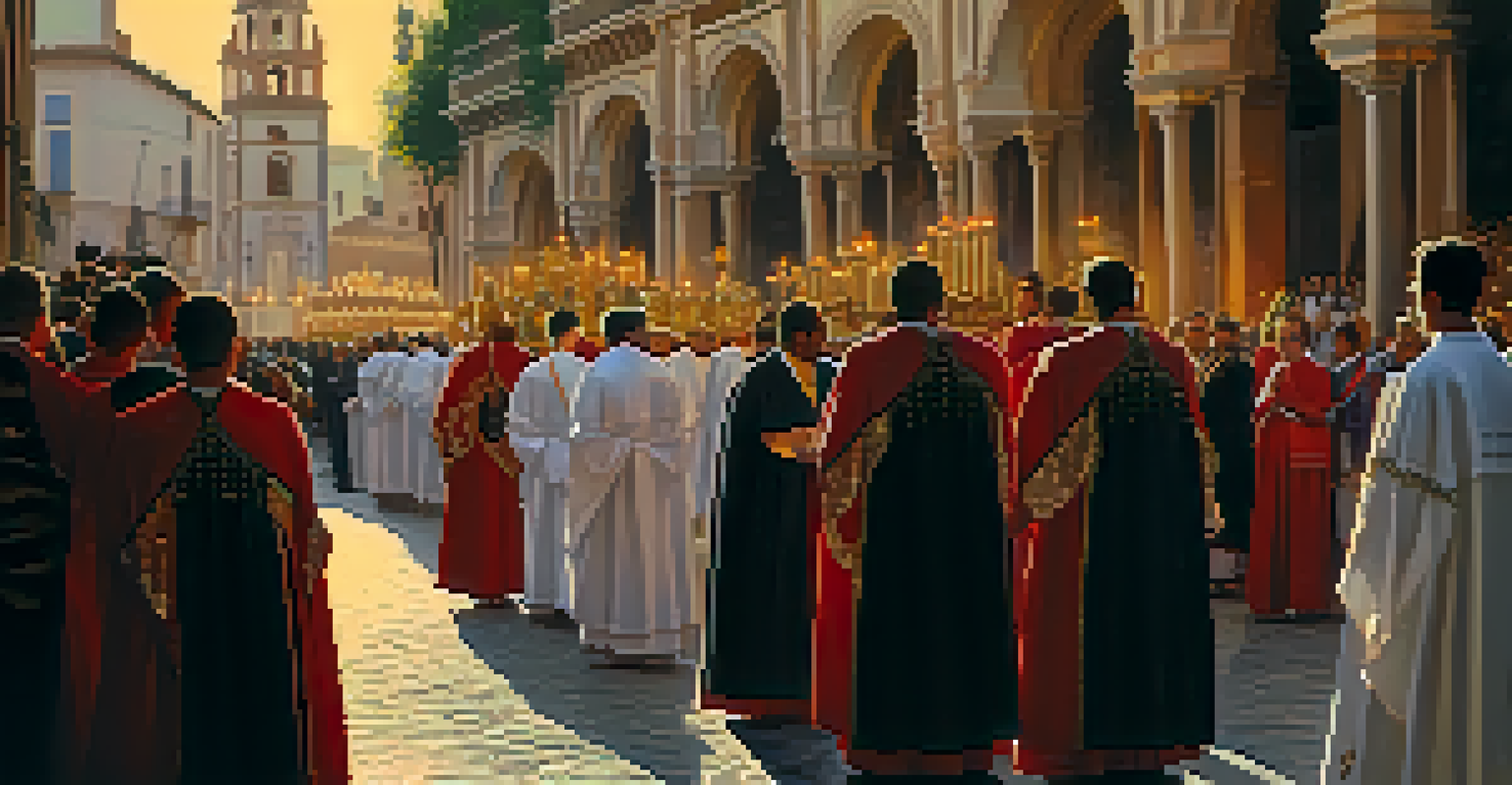 A solemn Semana Santa procession in Seville, featuring participants in traditional robes and ornate religious statues, illuminated by candlelight.