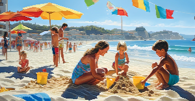 A family of four building a sandcastle on a sunny beach, with colorful buckets and shovels, golden sand, and gentle waves in the background.