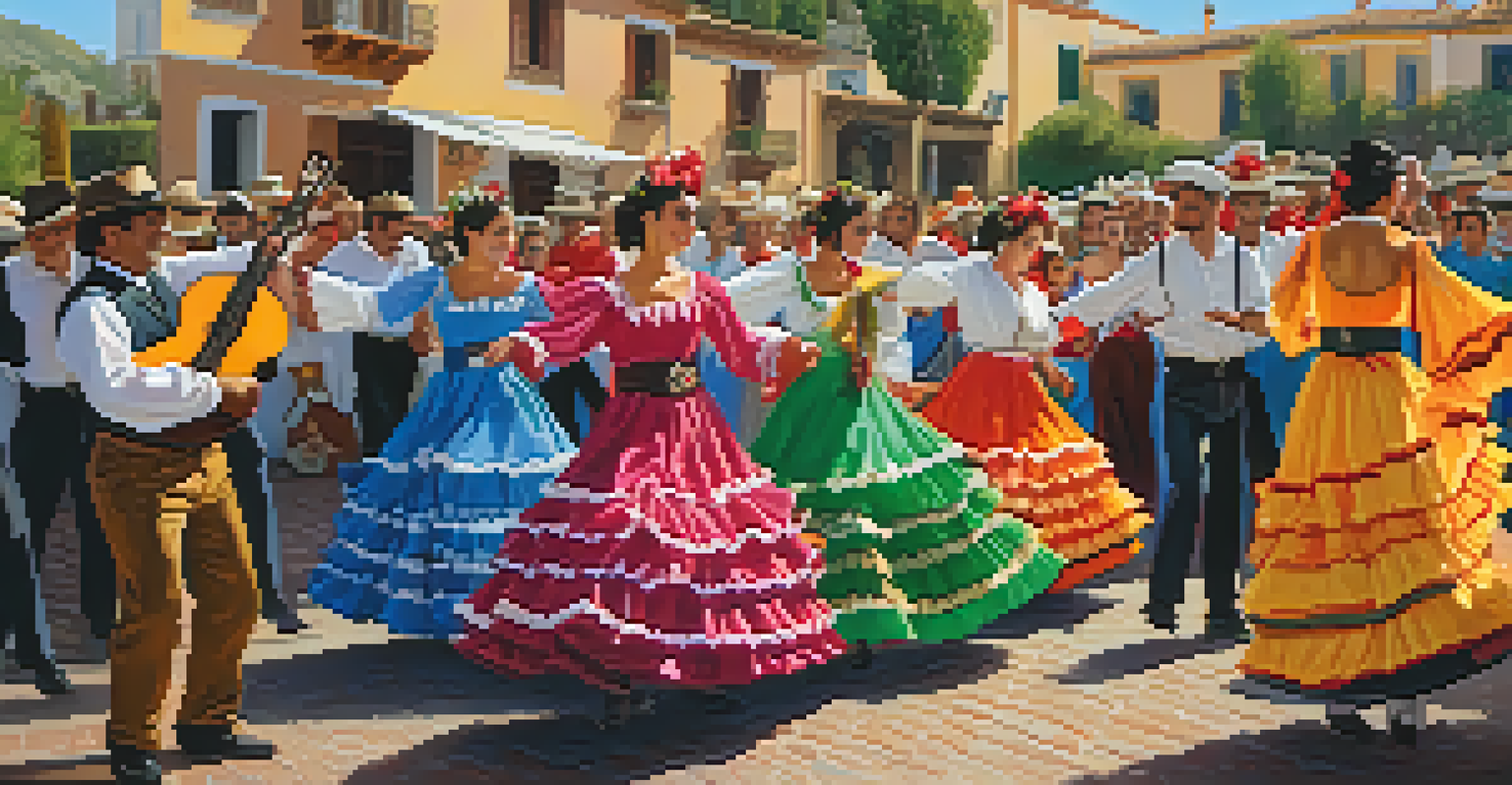 Dancers in colorful traditional costumes performing folk dances during the Romería del Rocío, with musicians playing guitars in the background.