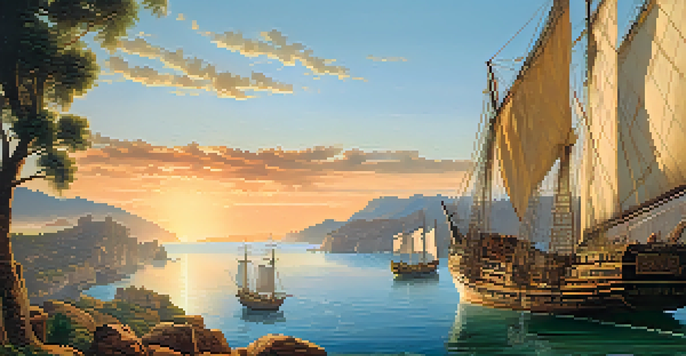 A coastal view of the Iberian Peninsula during the Age of Exploration, with ancient ships sailing on the Mediterranean Sea at sunset.