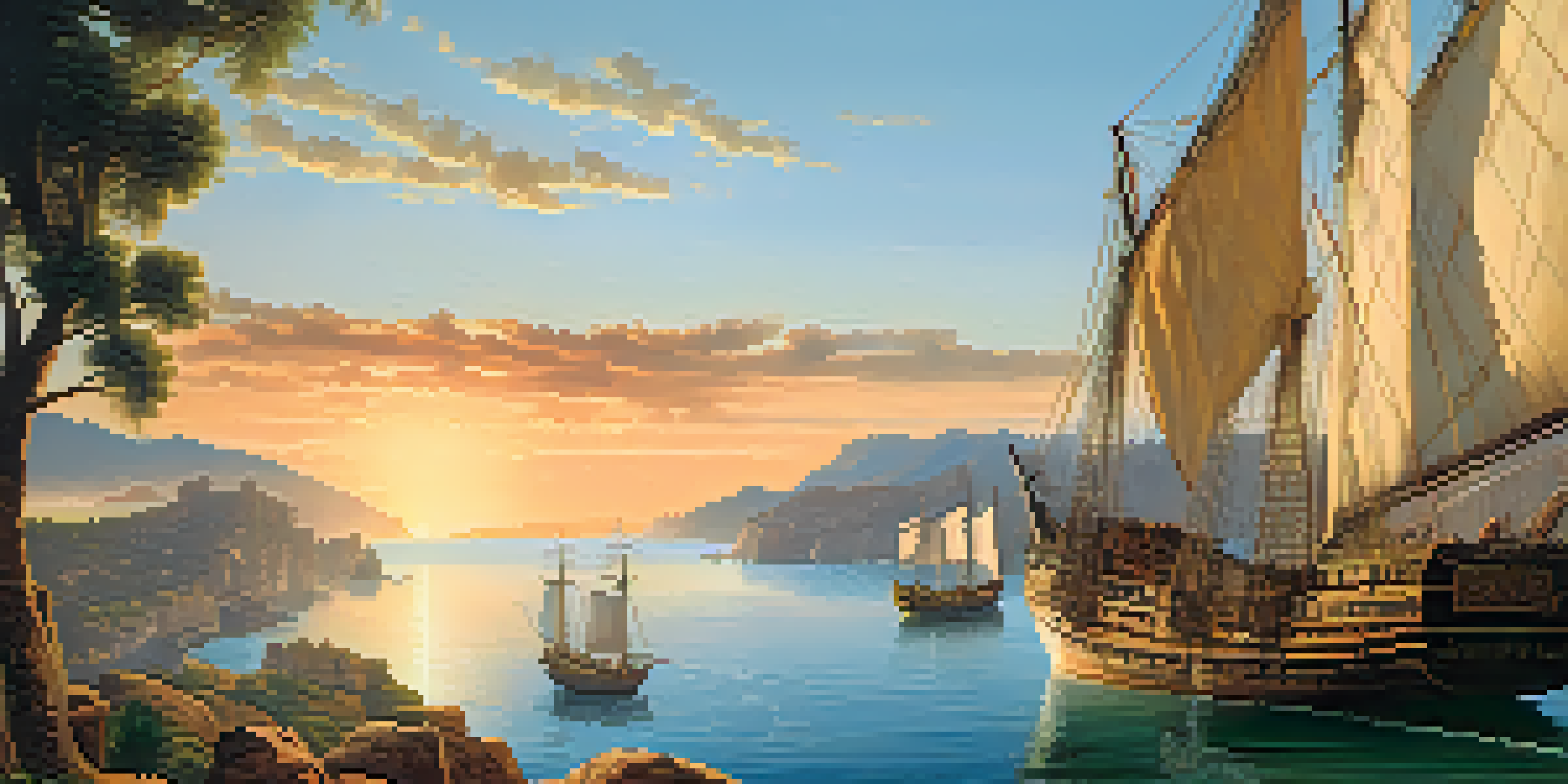 A coastal view of the Iberian Peninsula during the Age of Exploration, with ancient ships sailing on the Mediterranean Sea at sunset.