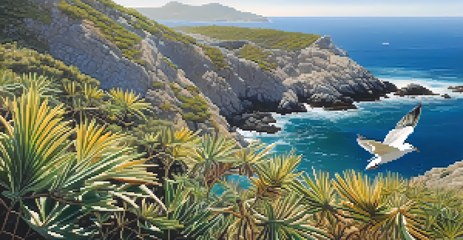 Close-up of unique plants and seabirds in Cape de Creus National Park under sunlight.