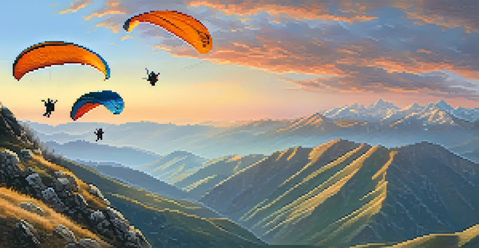 Paragliders flying over the Pyrenees mountains at sunrise, with colorful canopies and misty peaks.